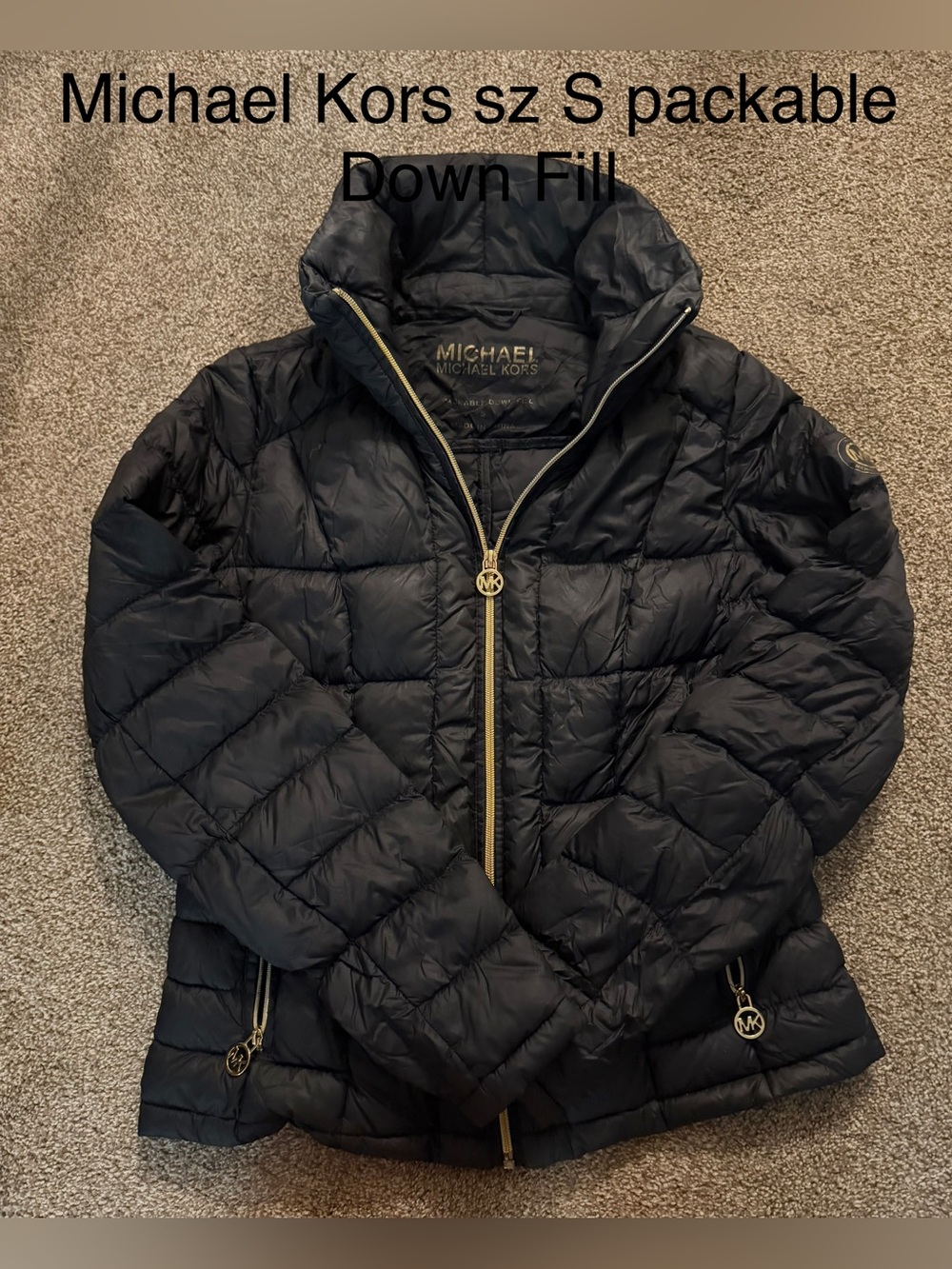 Michael Kors Black Packable Quilted Down Puffer Jacket with Gold Hardware Sz S